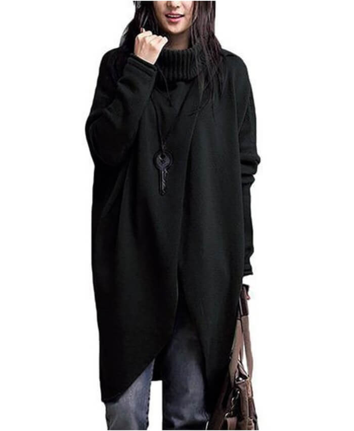 Batwing Sleeve Turtleneck Black Asymmetric Sweater